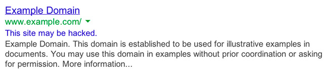 پیغام گوگل برای سایت هک شده در نتایج جستجو