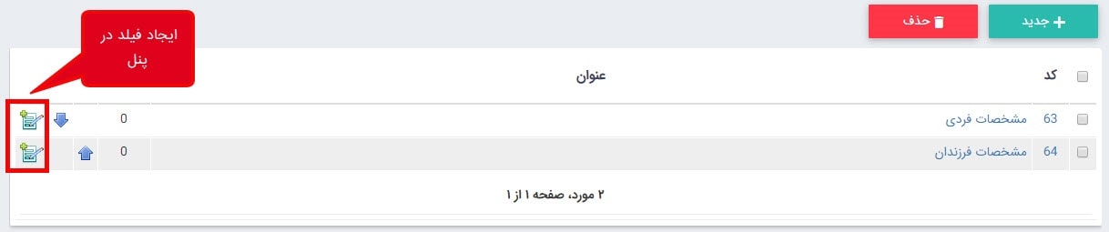 فهرست پنل ها در فرم