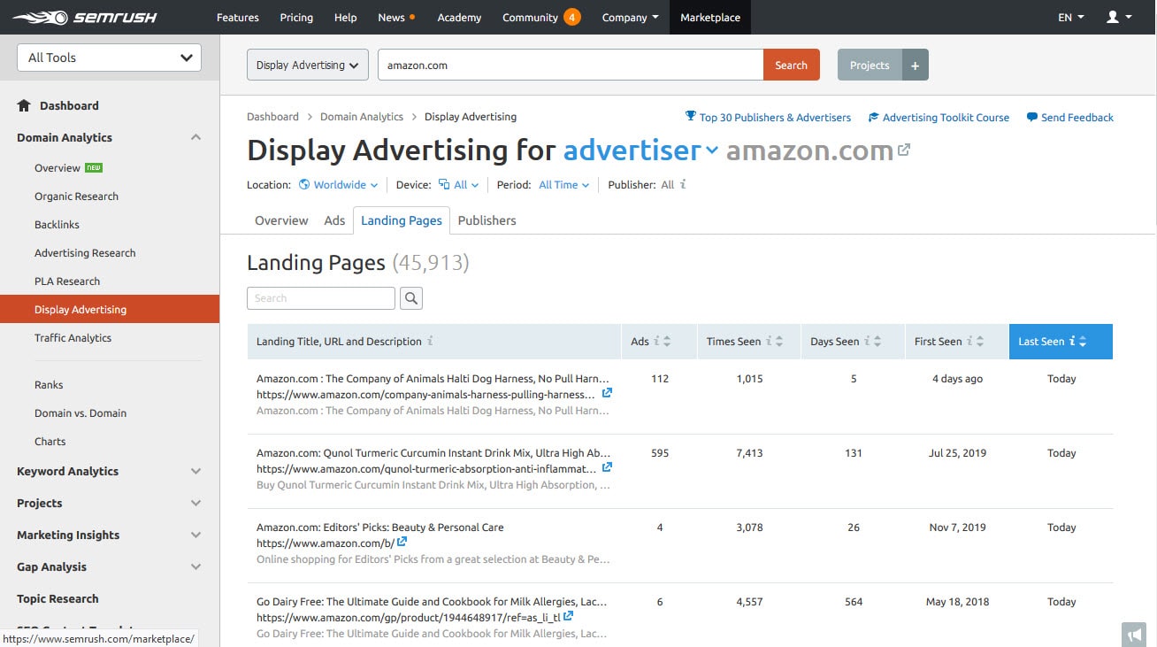 landing page display Advertising semrush