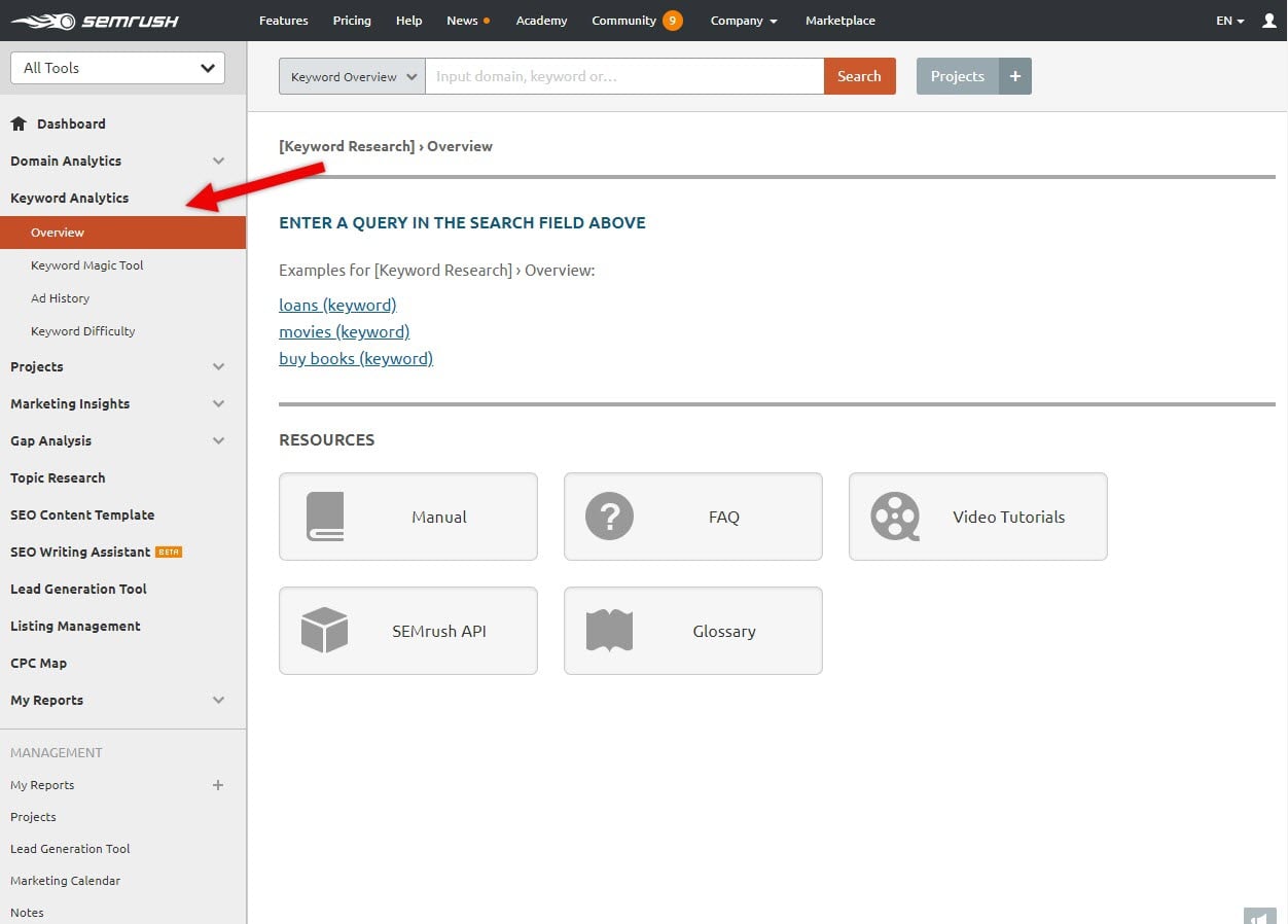 منوی Keyword Analytics سمراش