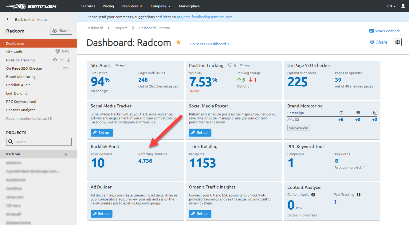 بخش Backlink Audit در Project