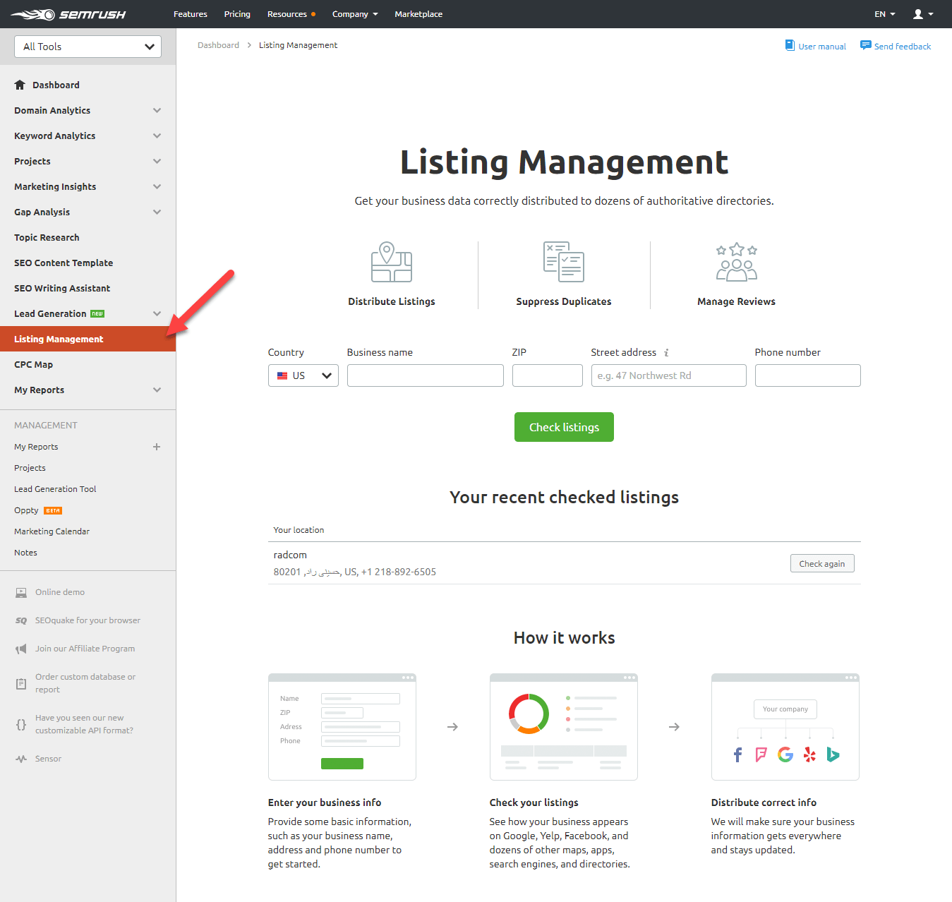 منوی Listing Management در سمراش