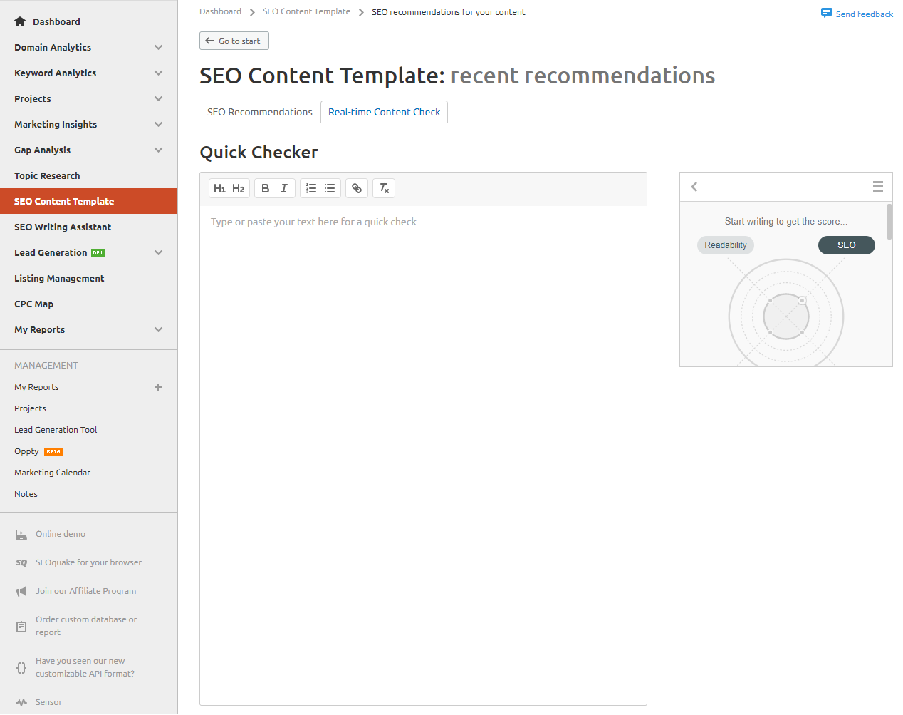 semrush seo template real time content check