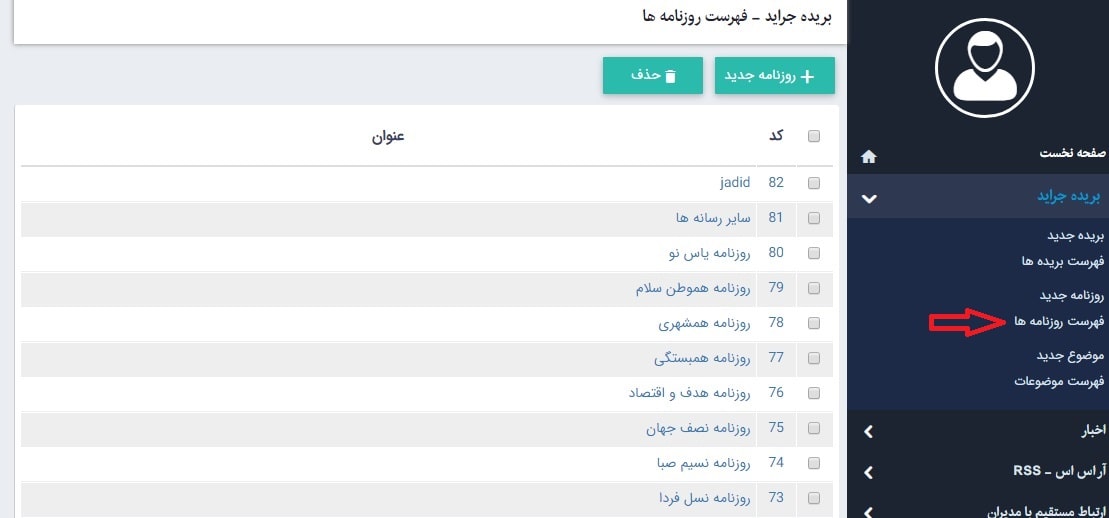فهرست روزنامه ها در ماژول بریده جراید