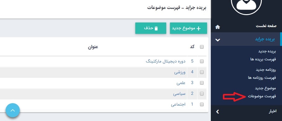 فهرست موضوعات در ماژول بریده جراید