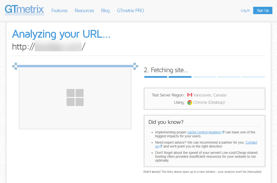 GTmetrix analyzing your site