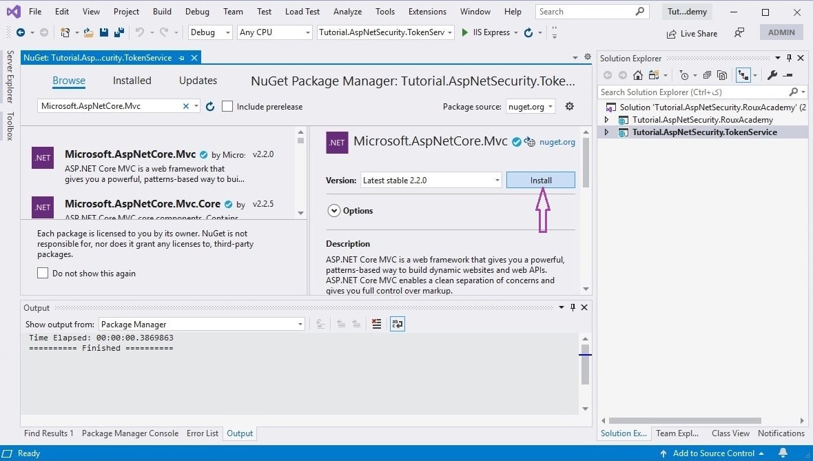 Support user authentication with IdentityServer - Install Microsoft.AspNetCore.Mvc