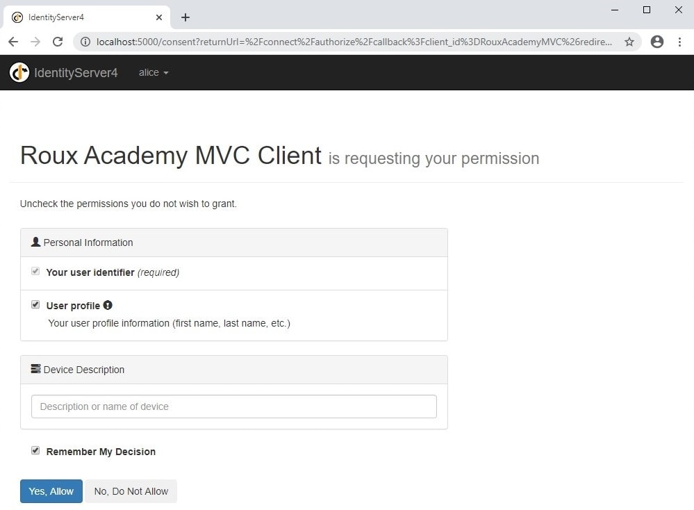 Log in and log out with IdentityServer - ConsentScreen