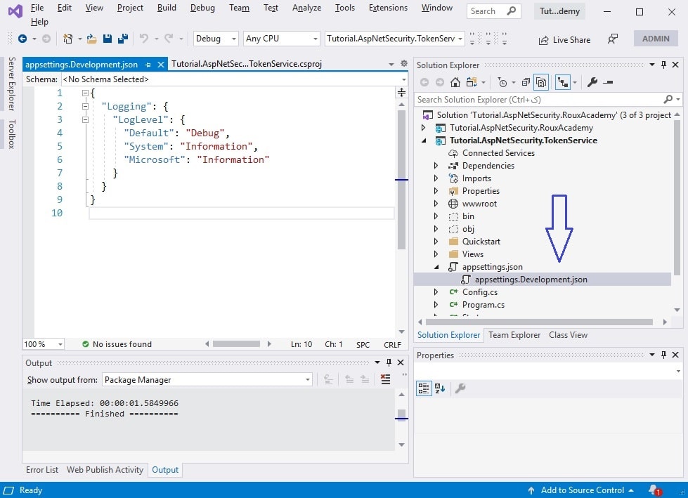 Configure IdentityServer to use Entity Framework - appsettings json file
