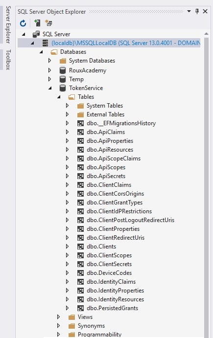 Initialize IdentityServer database - Sql Server Object Explorer